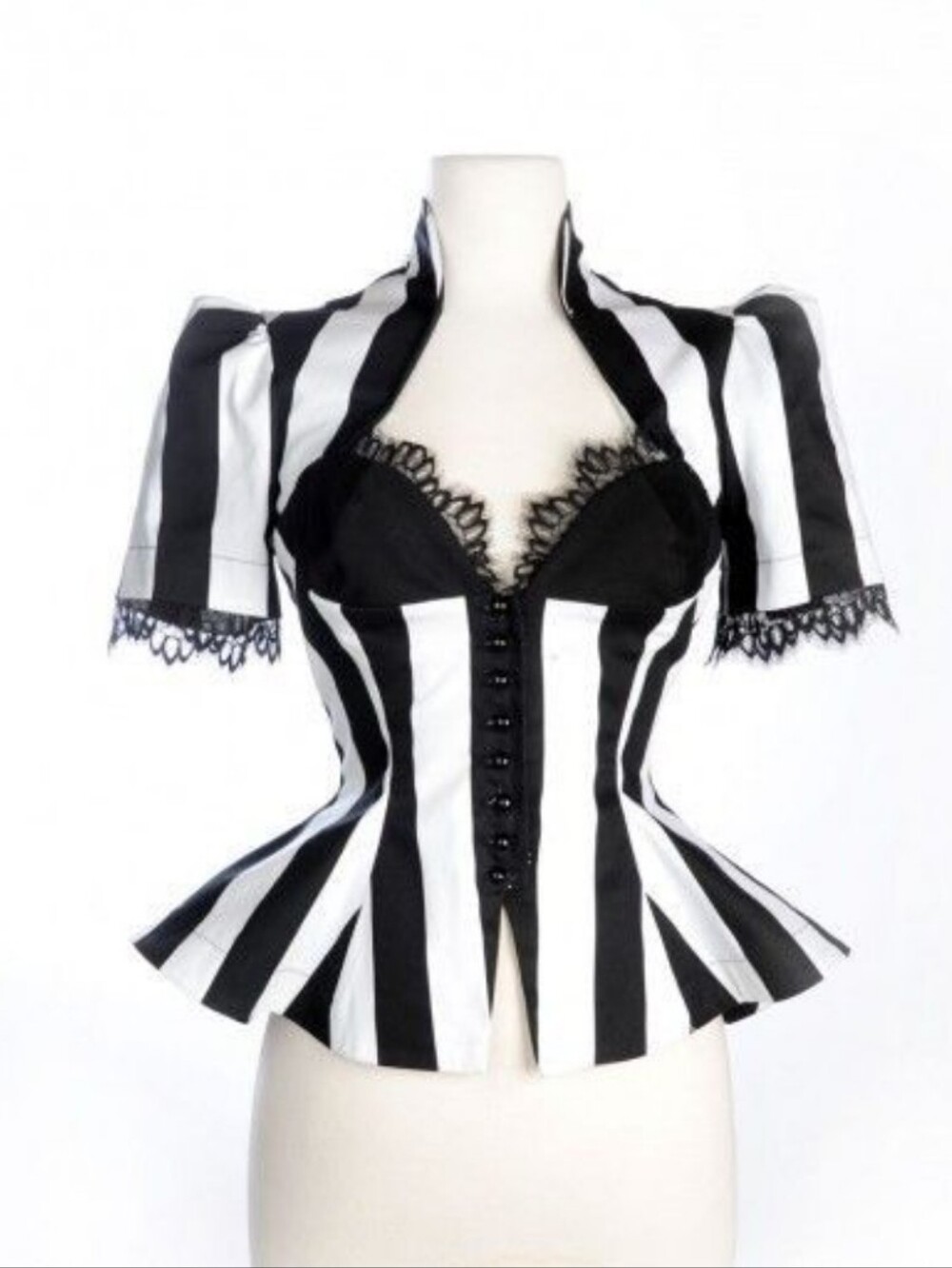 Pinup Couture Lilith Black & White Striped Lace-Trim Women's Peplum Top